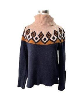 J.Crew Fair Isle Merino Wool Turtleneck Sweater - Geometric - Size XS Navy & Tan